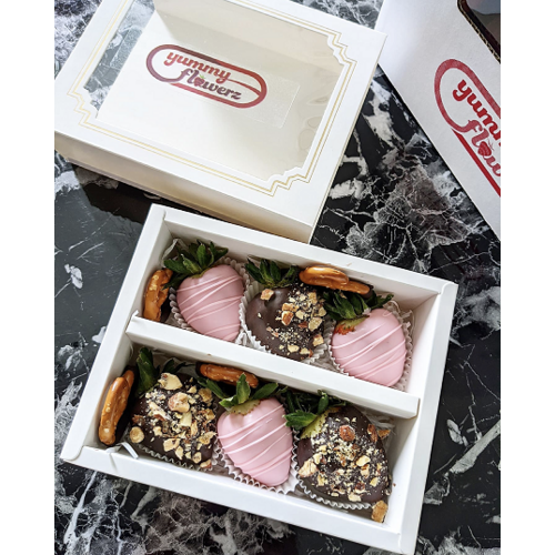 6pcs Pink & Black with Nuts & Pretzels Chocolate Strawberries Gift Box